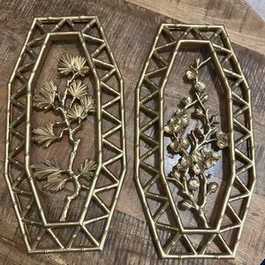 Homco Bamboo Flower Wall Plaques Hangings 1977 Faux Vintage Mid Century Syroco 2